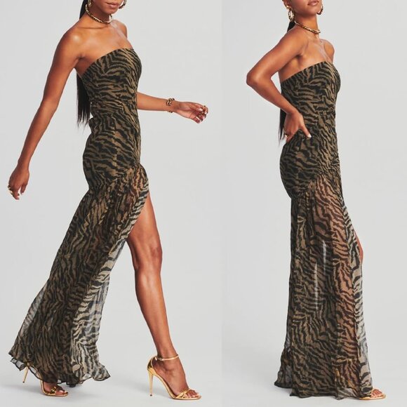 Women Strapless Tube Top Tiger Stripe Brown Maxi Dress Sexy High Party Dress - Picture 2 of 6